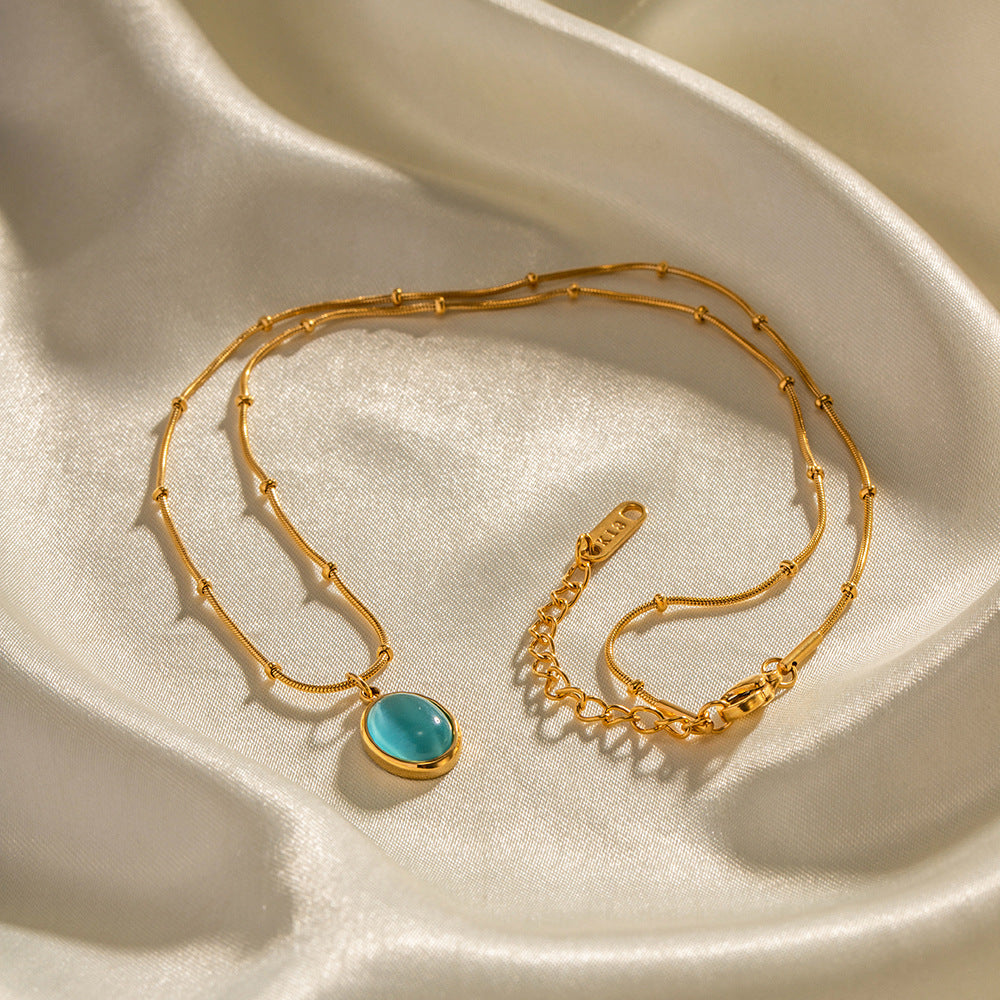 5pcs 18K Gold Plated Stainless Steel Blue Cat-Eye Necklace Does Not Fade Color Niche Design All Matching Accessories