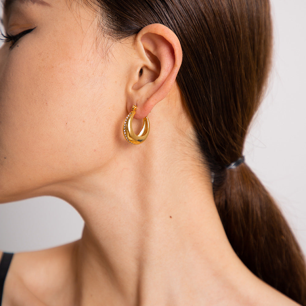 5pcs 18K Gold Stainless Steel Inset Zircon Chubby Earrings With Advanced Design Do Not Fade Earrings