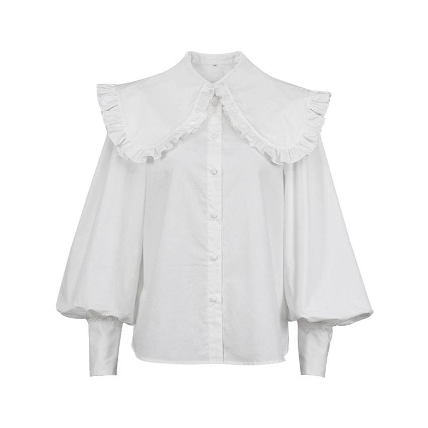 Temperament Court Style Doll Collar White Cotton Shirt Female Autumn And Winter Long Sleeve Shirt With Auric Edge