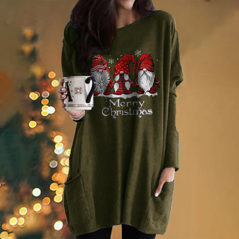 Santa Claus Printed Long Sleeve Pocket Round Neck T-Shirt Dress