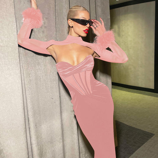 Autumn Women's New Plush Mesh Stitching Sexy Nightclub Hollow Long Dress Slim Dress