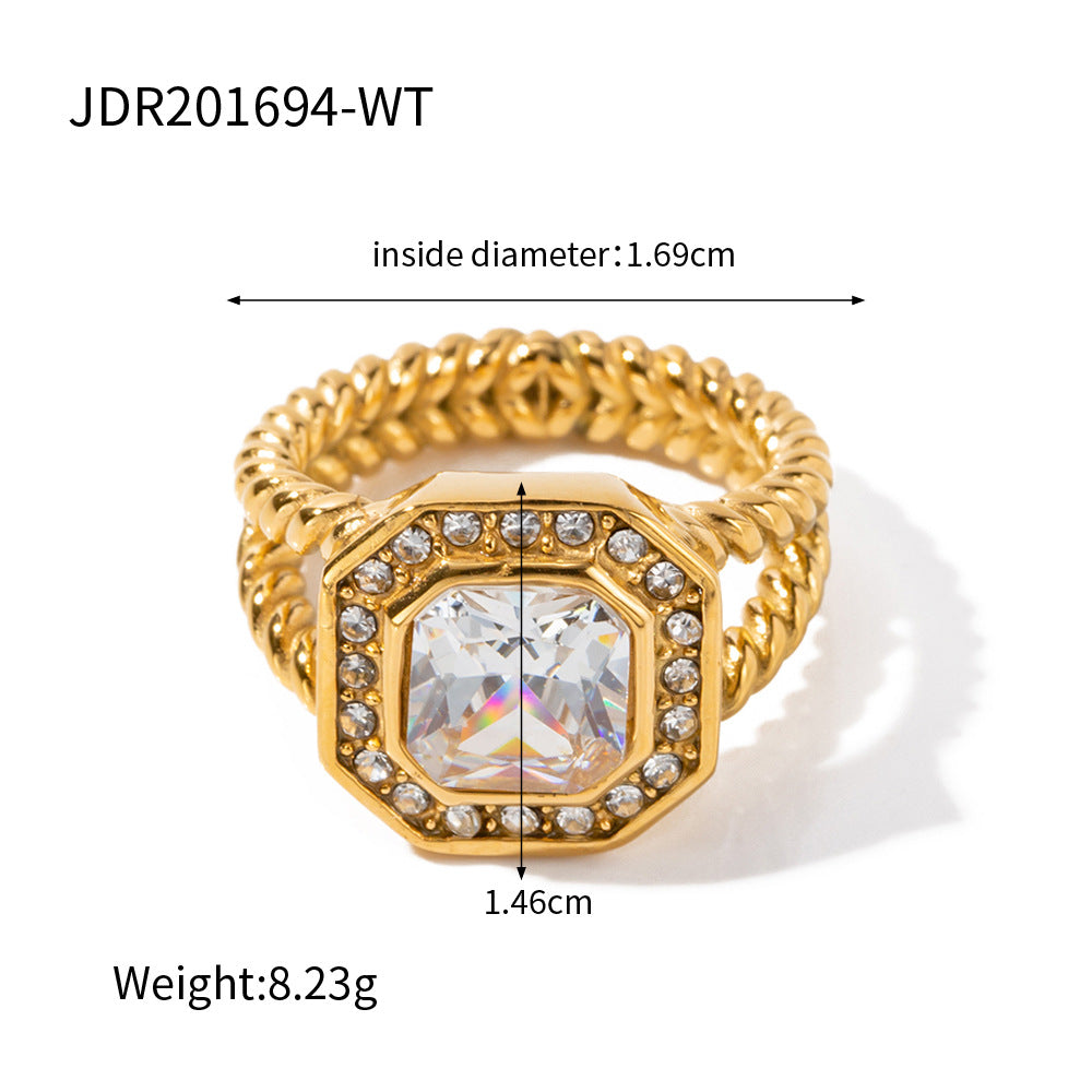 5pcs Niche Design Exaggeration Style 18K Double Octagon Olive Green Zircon Twist Ring Does Not Fade Jewelry