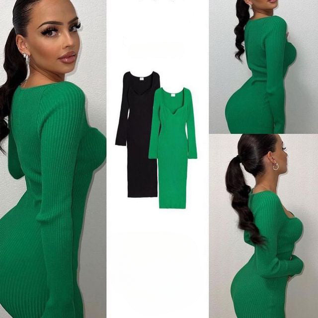 New V-Neck Slim-Fit Knit Dress For Women In Autumn And Winter With A Mid-Length Long-Sleeved Tight Bottom Wrap Hip Skirt