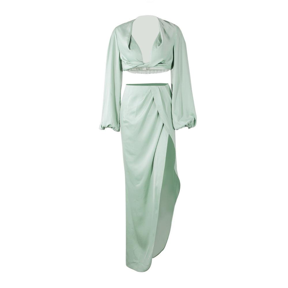 Long Sleeve Deep V Crop Top High Slit Skirt Set Satin Nightclub Sexy Dress