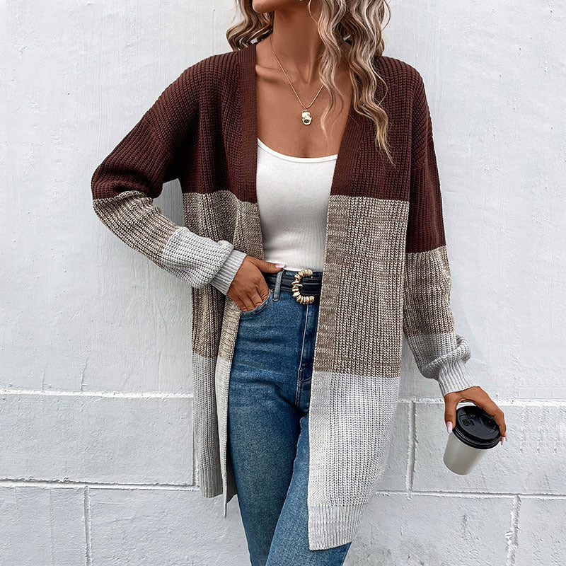 Fashion Women's Autumn And Winter New Long-Sleeved Color Long Sweater Cardigan Woman
