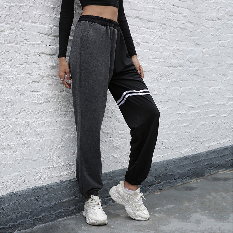 Black Pants Patchwork Color Raise Hip High Waist Straight Leg Sports Pants