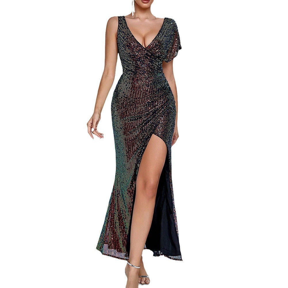 Spring/Summer New Style Women's Sexy Temperament Dress Deep V Sequin Split Party Evening Dress
