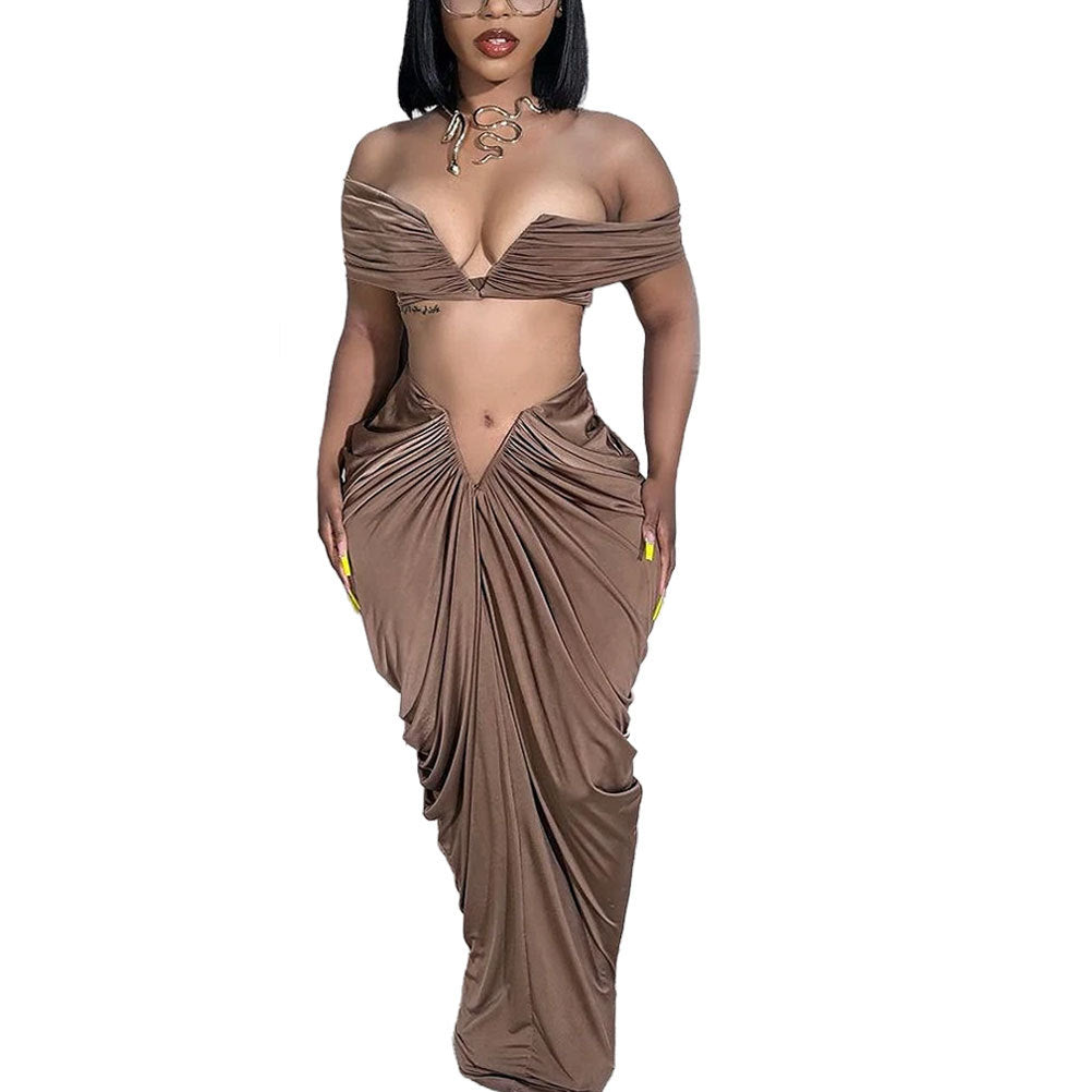Sexy Sleeveless Top Stretch Tight Floor Length Pleated Skirt Two-Piece Set