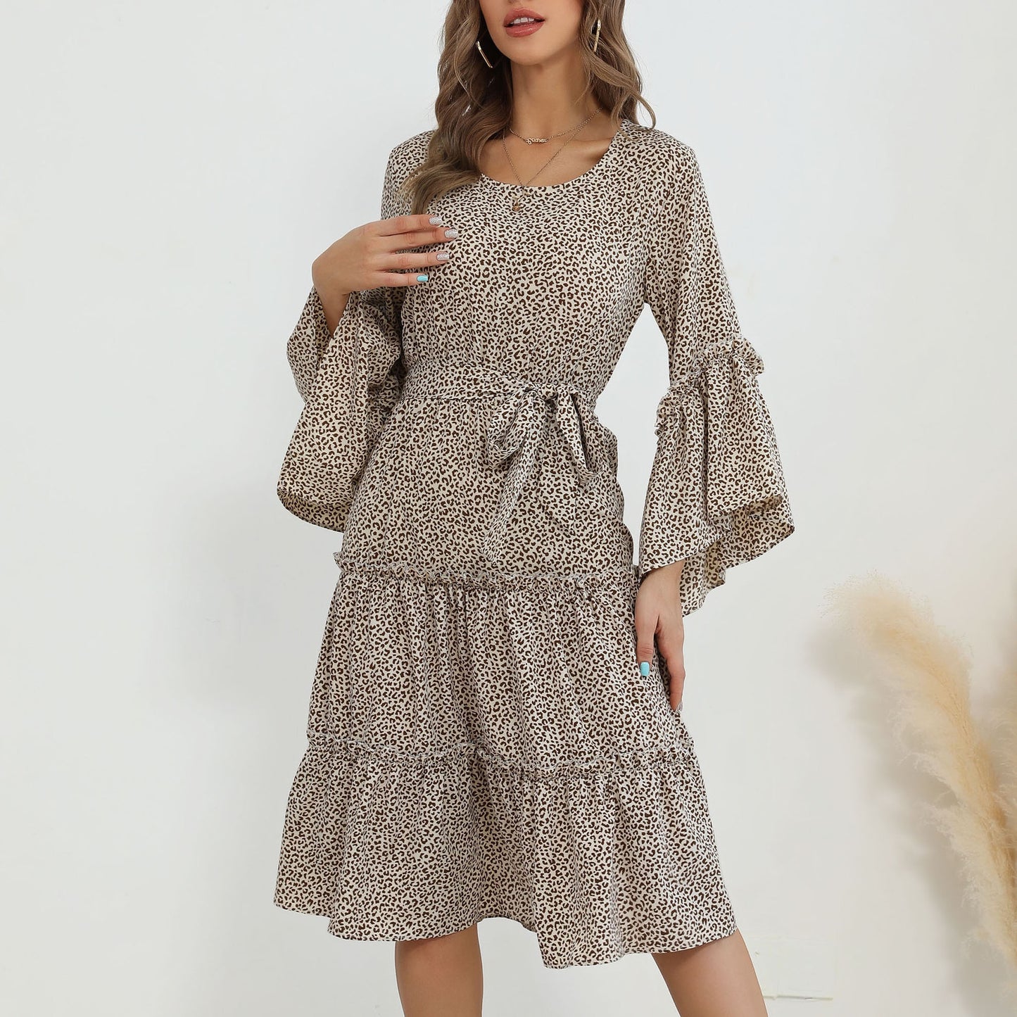 Autumn New Women's Dress Lotus Sleeve Round Neck Leopard Print Dress
