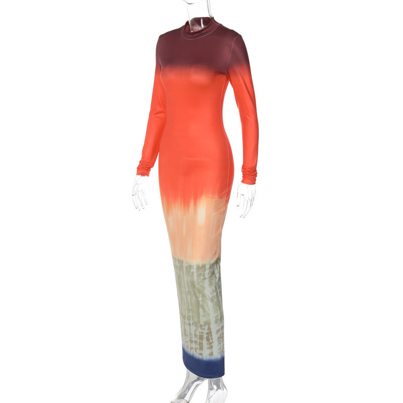 Personality Matching Color Dress Slim-Fit Set Head Round Neck Long Sleeve Sheath Skirt Increase Size Fat Mm Tall Waist Full Skirt