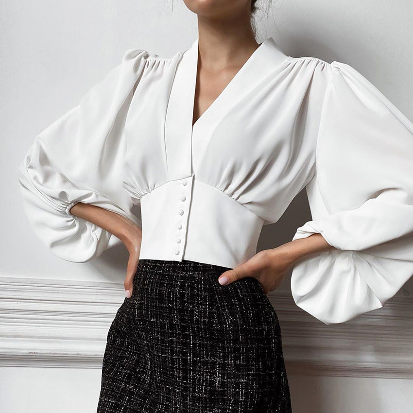Autumn New V-Neck Women's Shirt Court Style Lantern Sleeve Slim Long-Sleeved Shirt