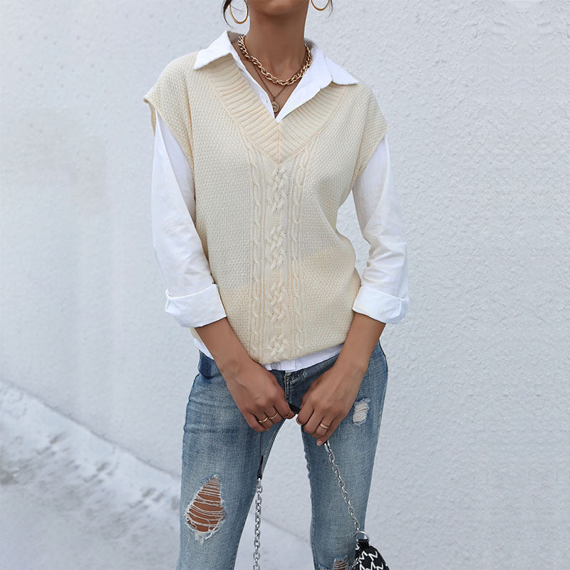 Early Autumn New Casual Blouse Solid Color Twist Sweater Vest Woman