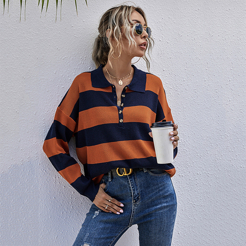 Autumn Loose Top Women Striped Long Sleeve Lapel Sweater Thin