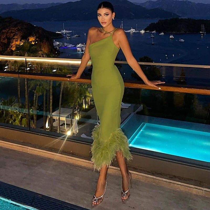 Single Shoulder Neck Hair Swing Dress Autumn Sexy Women's Temperament Commuter Slim Long Dress Woman