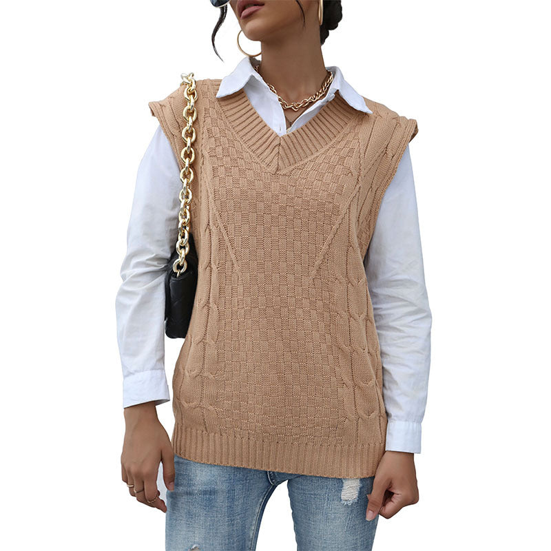 Early Autumn New Fashion Knitting Solid Color Twist Sweater Vest Woman