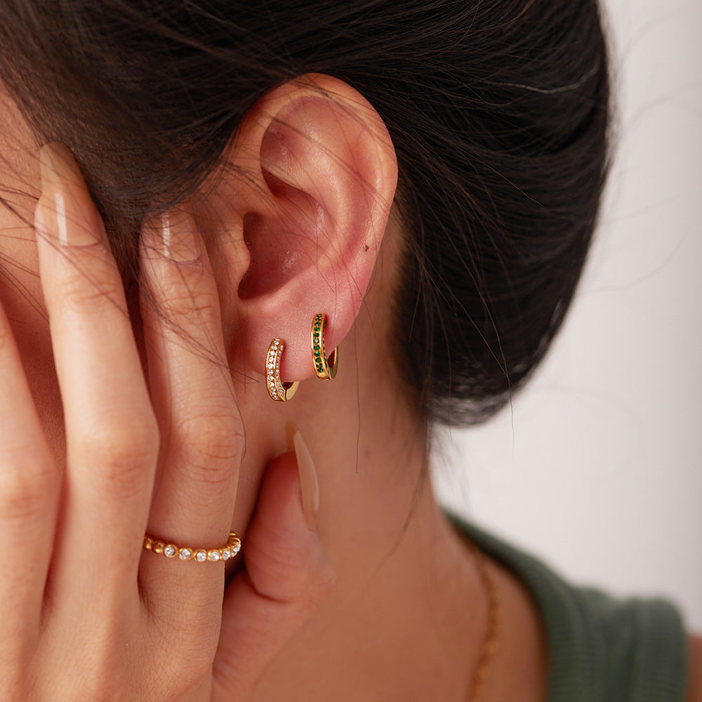 5pcs New Fashion Women's Earrings Stainless Steel 18K Gold Plated Mini Green Zircon Ring Earrings