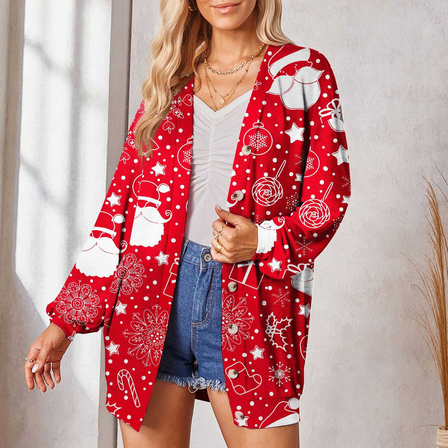 Hot Autumn And Winter New Christmas Theme Printed Button Coat Small Cardigan Women's Wear