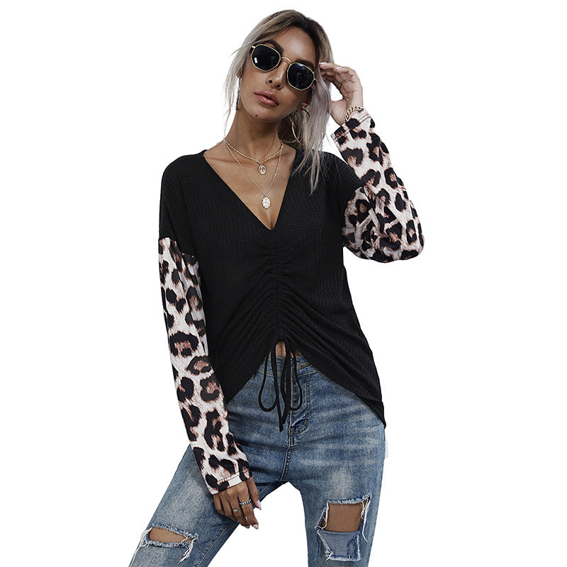 Autumn Women's Clothing Long-Sleeved Loose Black Leopard Patchwork Knitwear
