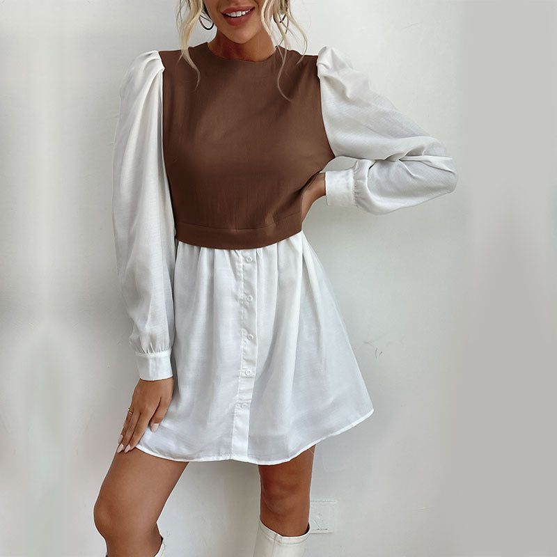 Women's Round Neck Long-Sleeved Color Patchwork Dress