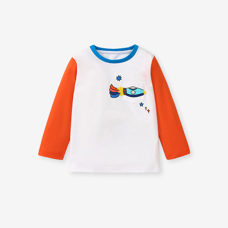 Children's T-Shirt Cartoon Rocket Boy Top Cotton Children's Autumn Children's T-Shirt