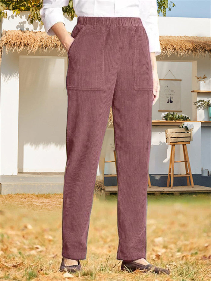 New Women's Clothing Solid Color Elastic Waist Striped Straight Leg Casual Pants