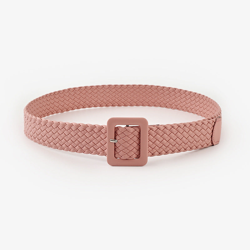 Pastoral Style Woven Wide Belt Fashion Candy Color Bag Buckle Decorated Dress Jeans Belt Women