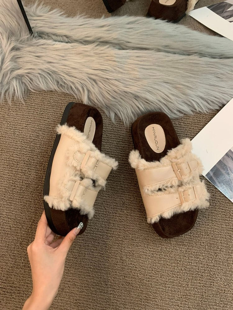 Fashion Niche Retro Furry Slippers Female Wear Autumn New Thick Soles