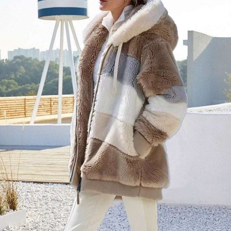 Autumn And Winter Warm Plush Patchwork Zipper Pocket Hooded Loose Coat Women