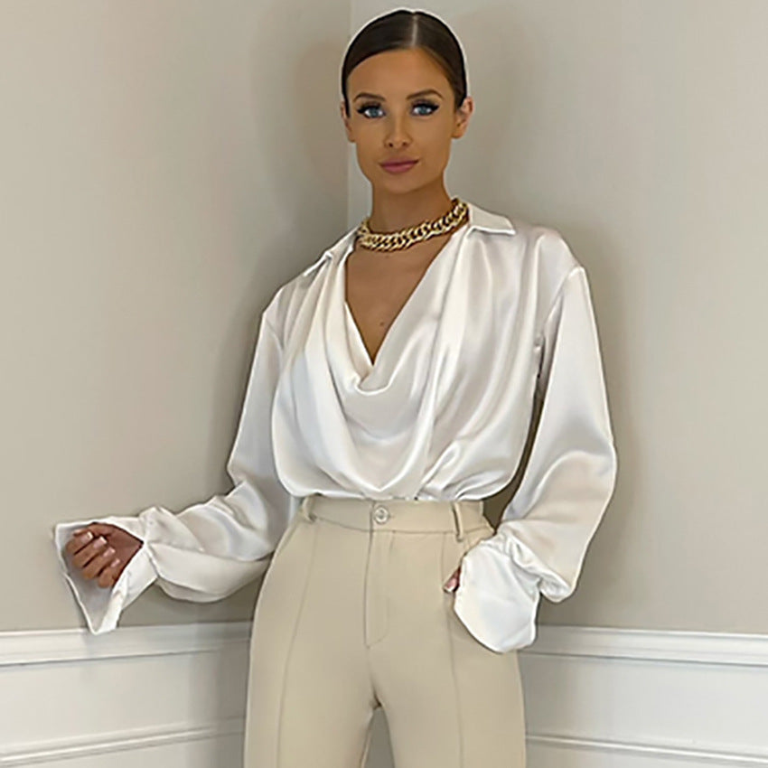 Ice Silk Shirt Spring And Summer Long Sleeves New Women's Thin Satin Design Feel Shirt Temperament Commuter Sag