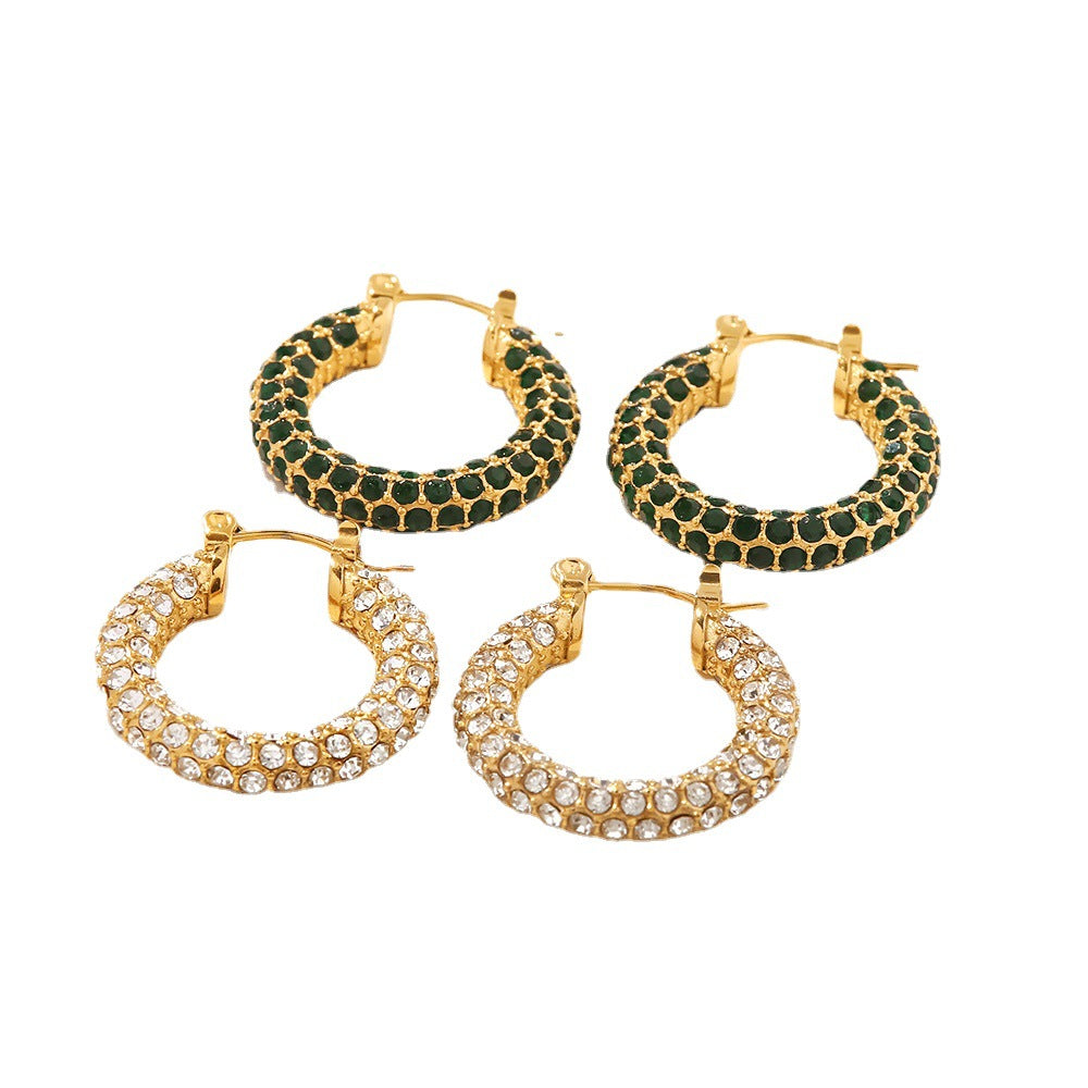 5pcs Fashion Women All Round Hoop Earrings Large Dense Inlaid White/Green Diamond Stainless Steel Earrings Jewelry