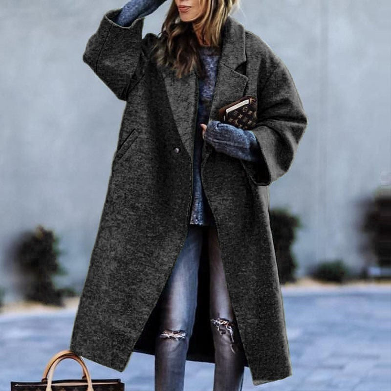New Autumn Women's Long Sleeve Lapel Coat Printed Wool Long Coat