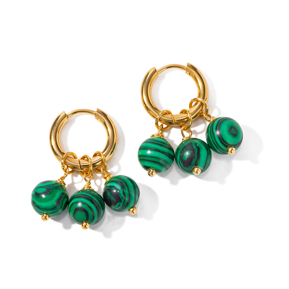 5pcs 18K Gold Stainless Steel Earrings Three Green Peacock Stone Fringe Pendant Earrings Fashion Style Earrings Accessories Women's Style