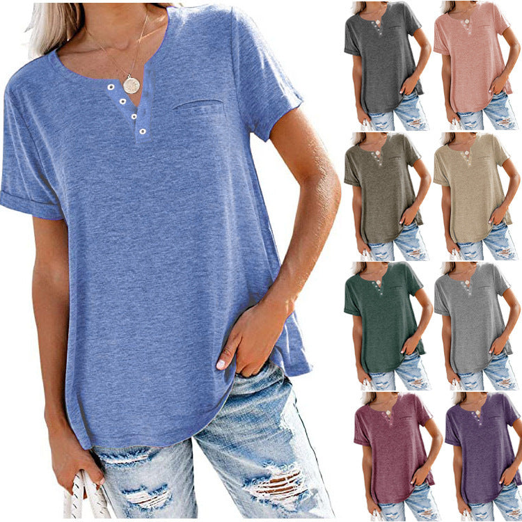 Spring And Summer New Top V-Neck Short Sleeve Pocket Loose T-Shirt Woman