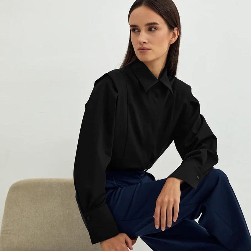 Autumn New Right Shoulder White Shirt Women's Commuter Temperament Design Sense Small Long-Sleeved Shirt Blouse