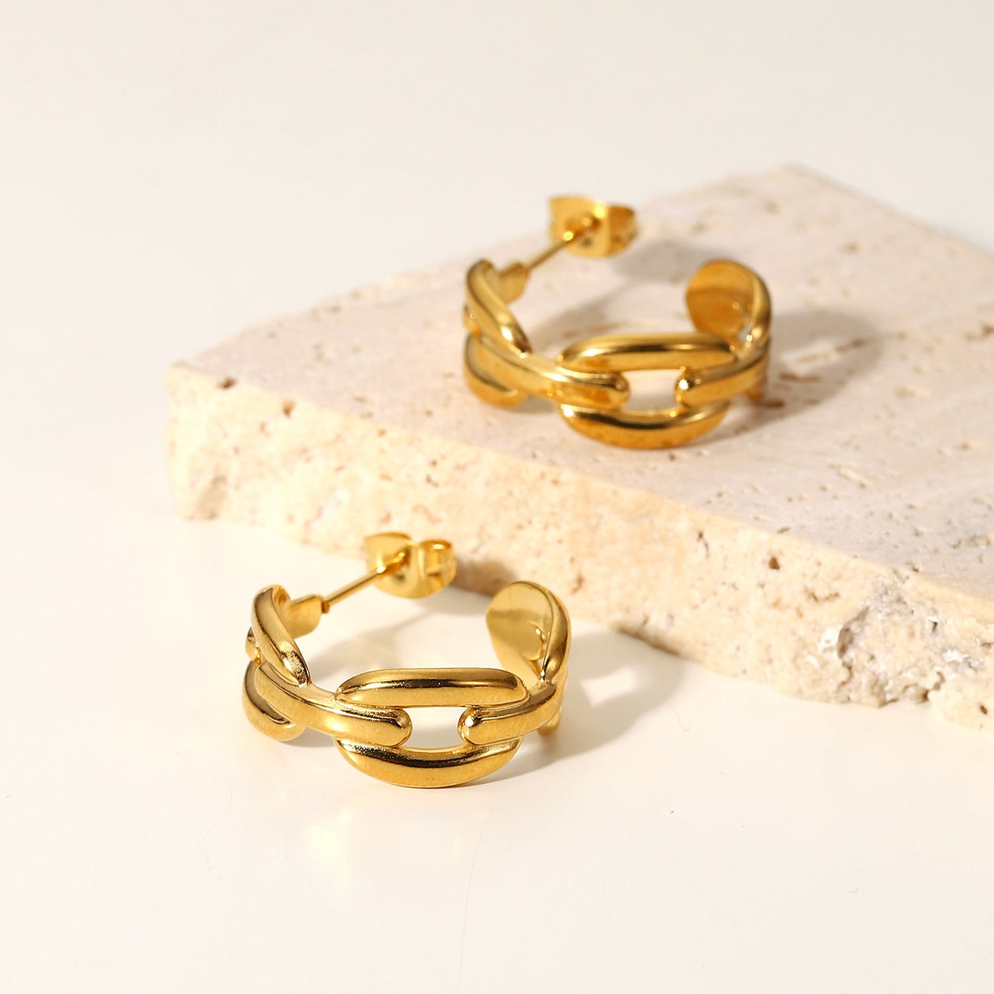5pcs 18K Gold-Plated Stainless Steel Ring Earrings Titanium Steel Coffee Bean Buckle Chain C-Shaped Earrings