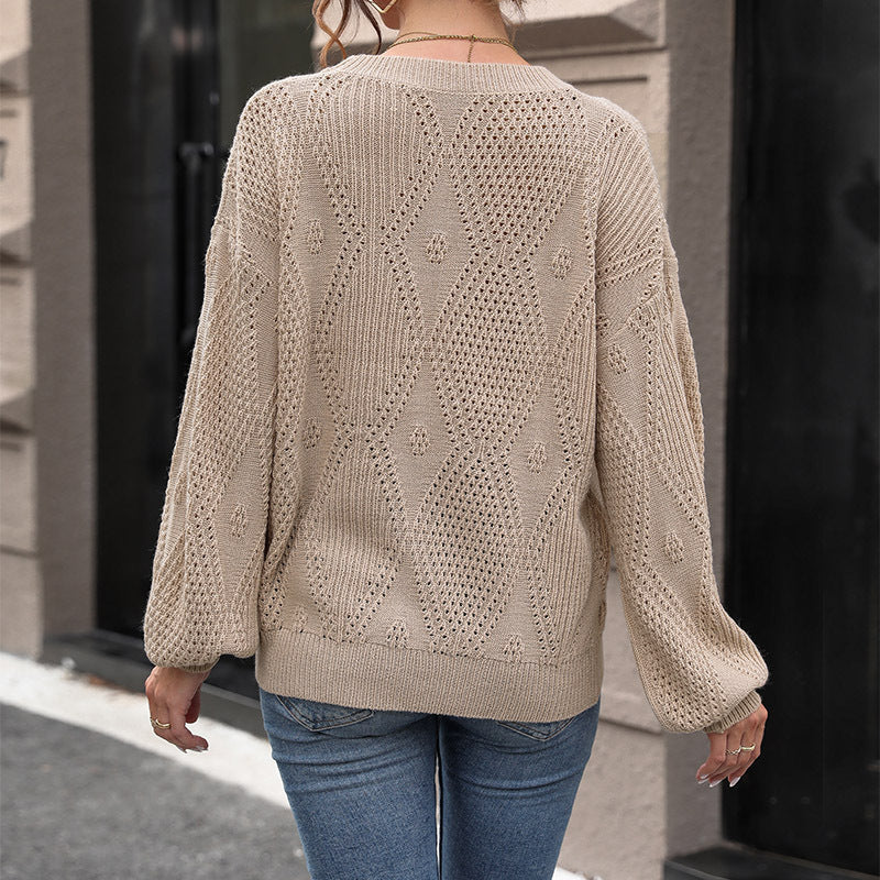 Autumn New Women Stranded Flowers Solid Color Pullover Sweater