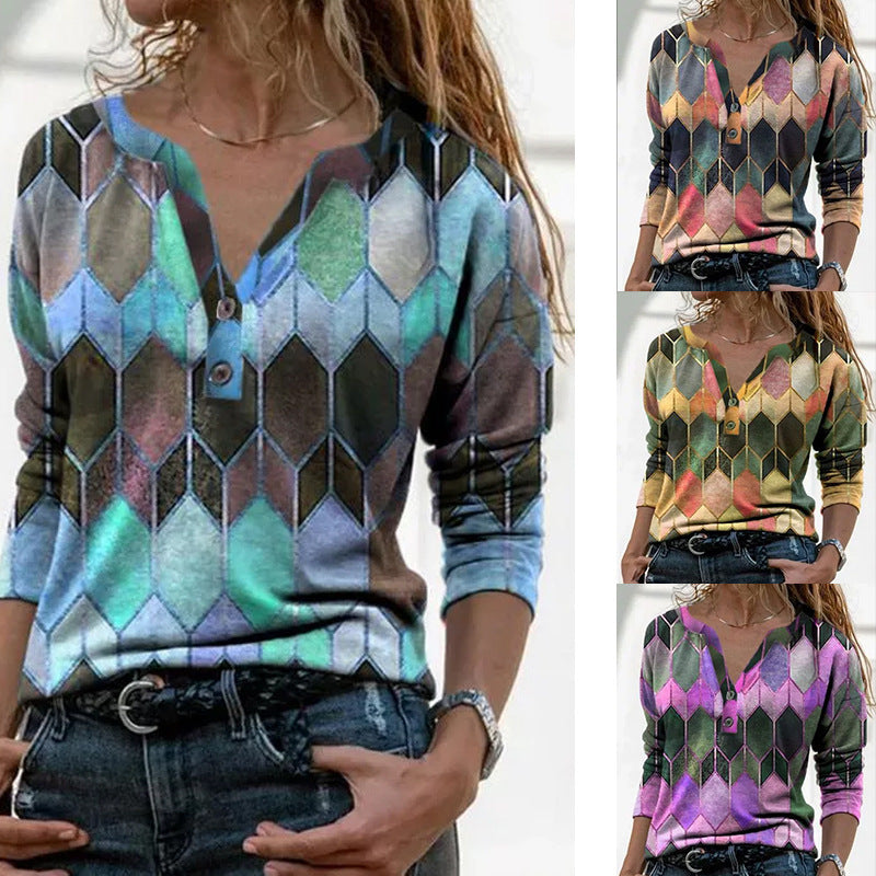 Women's Autumn And Winter New Color Contrast Printed V-Neck Long Sleeve T-Shirt Base For Women A Hair