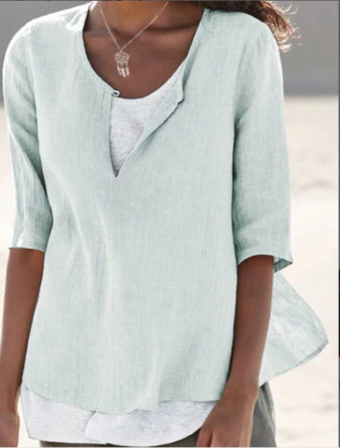 New Autumn And Winter V-Neck Solid Color Cotton Linen Large Size Sleeve Women's Shirt