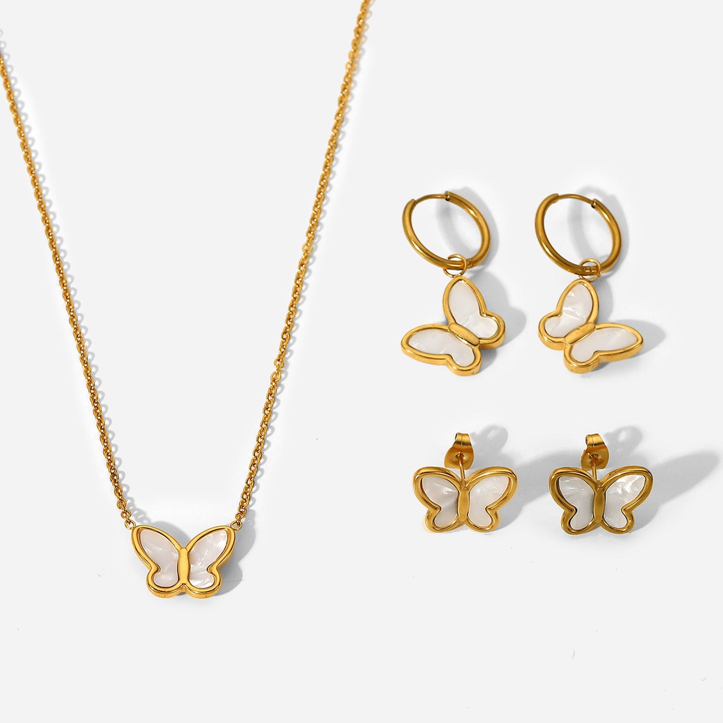 5pcs 18K Gold Natural White Shell Butterfly Shape Simple Stud Earrings 14K Gold White Shell Butterfly Gold Chain Stainless Steel Necklace