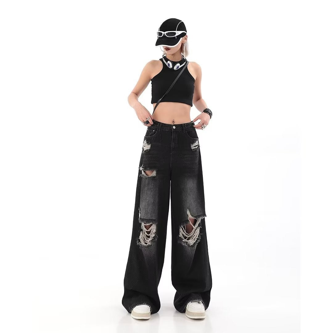 Black Ripped Jeans Female Hottie New Hip Hop Straight Floor-Length Wide-Leg Pants