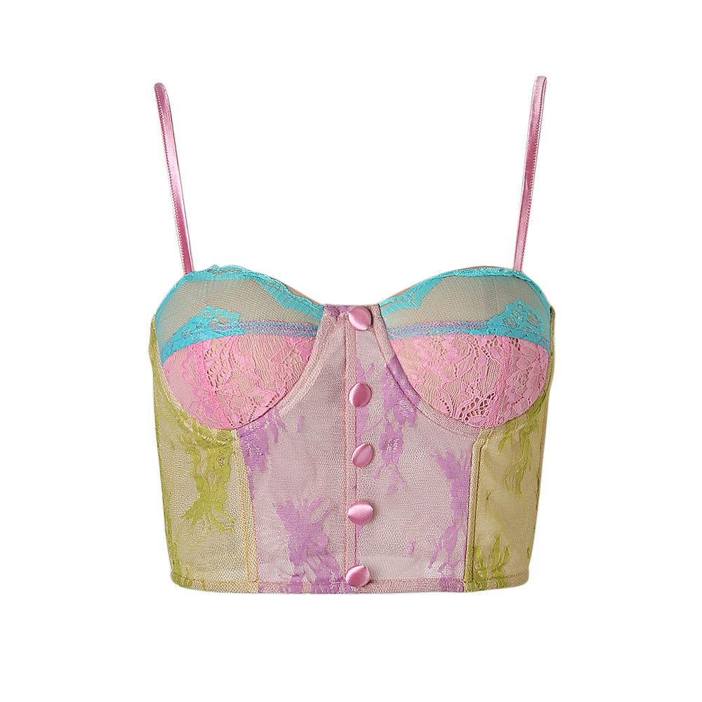 Contrasting Color Perspective Lace Embroidered Fishbone Wrapped Chest Irregular Halter Vest Party Top Woman
