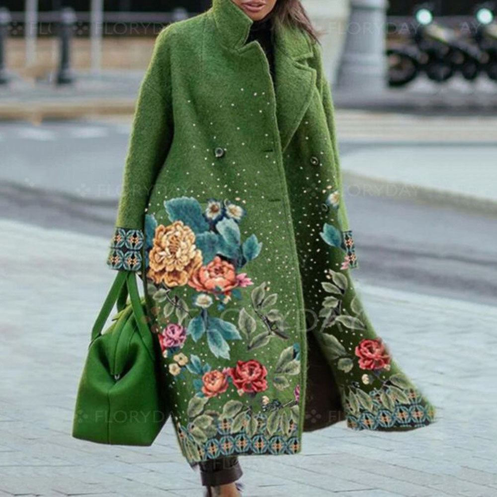New Autumn Women's Long Sleeve Lapel Coat Printed Wool Long Coat