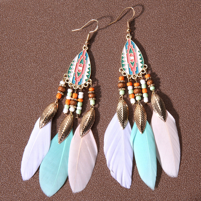 Water Drop Fringe Feather Earrings Women's Long Boho Rice Beads Ears Ethnic Wind Travel Holiday Accessories