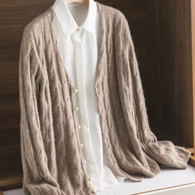 100 Pure Wool Knit Coat Cardigan Collar Loose Twist Autumn/Winter Vintage Cashmere Sweater With Extra Thickness