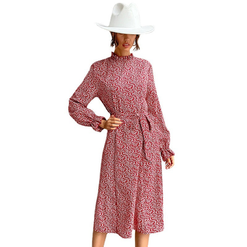 Clothes Women's New Long-Sleeved Half High Neck Print Slim Dress