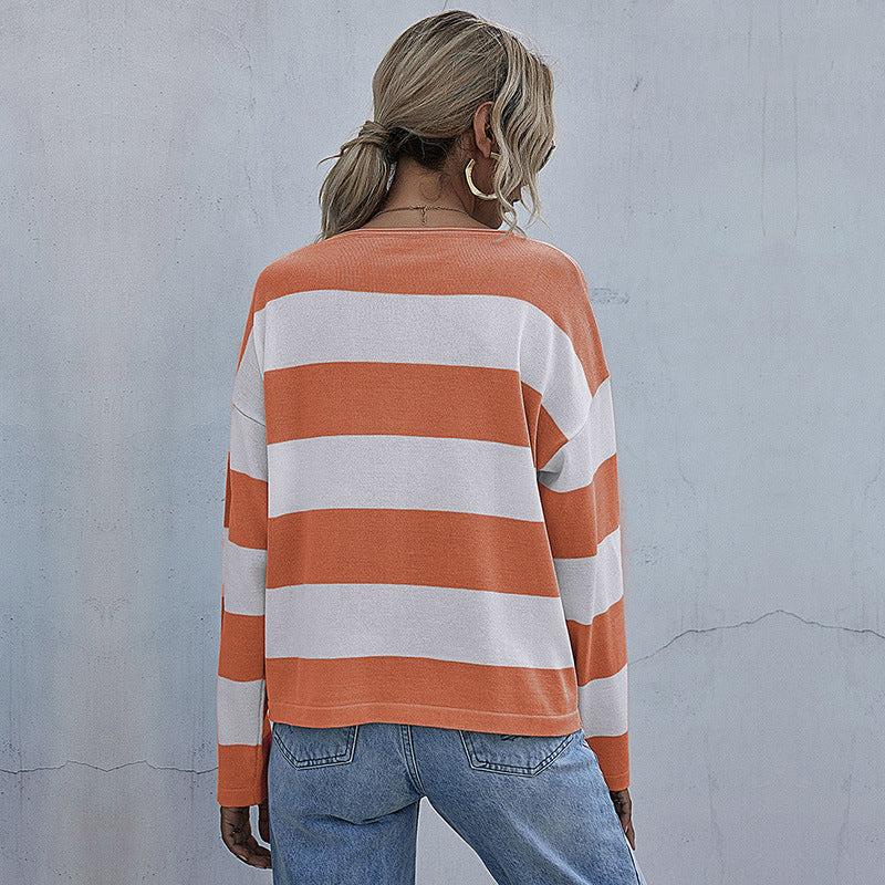 Stylish Women's Loose Crew Neck Striped Sweater