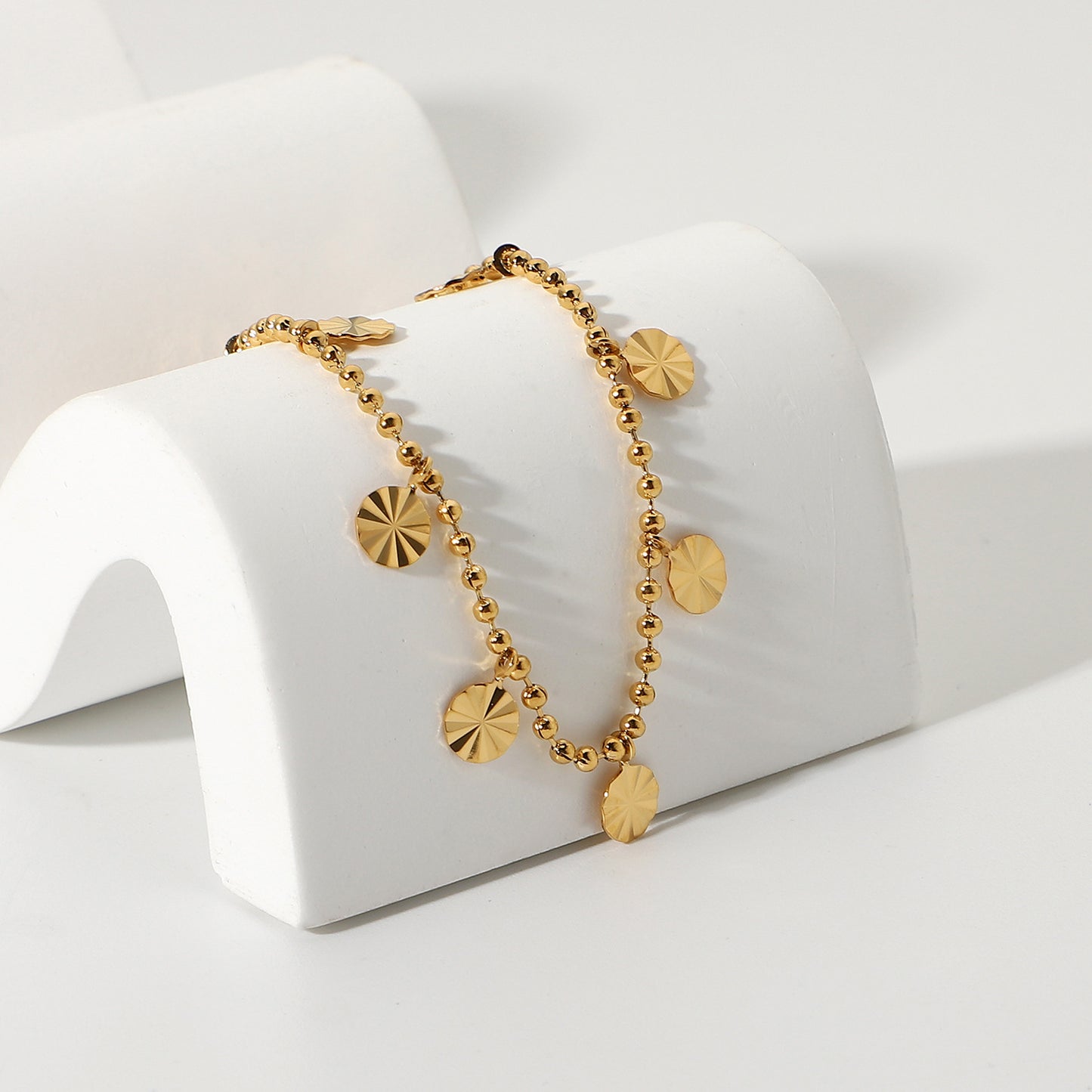 5pcs 18K Gold Plated 316L Stainless Steel Anklet Beaded Petal Disc Pendant Anklet Anklet Foot Decoration Woman