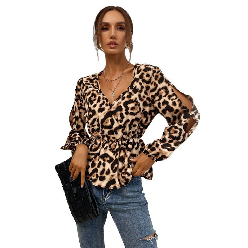 New Slim-Fit V-Neck Top Hollow Long-Sleeved Off-The-Shoulder Leopard Print Shirt