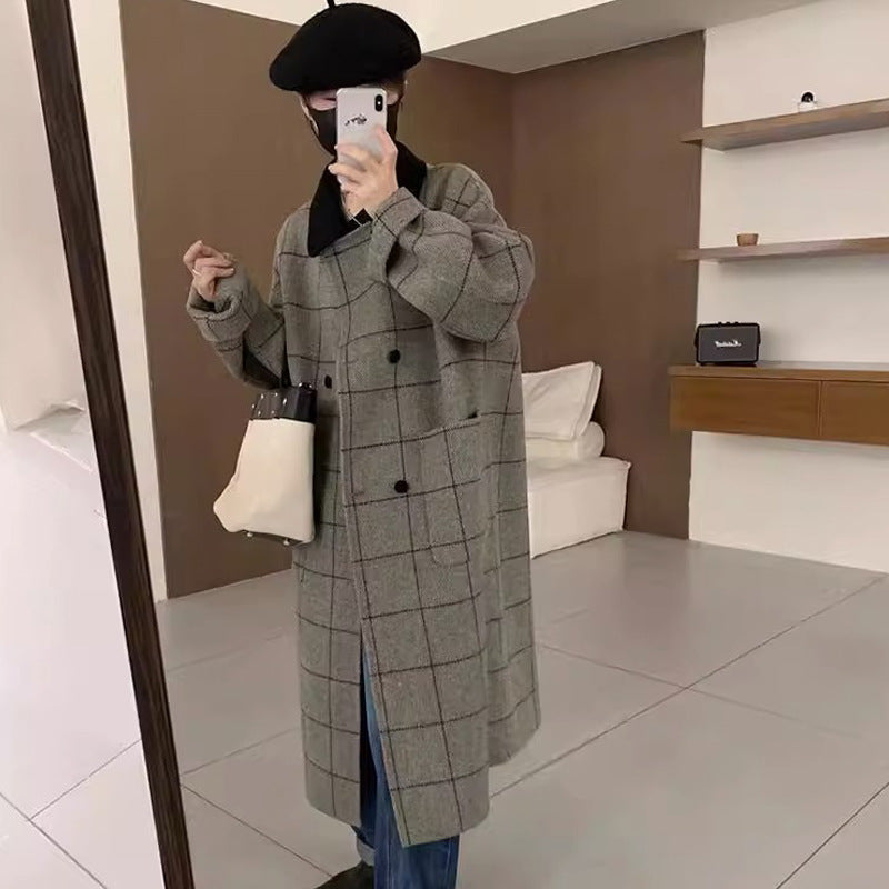 Women's New Mid-Length Vintage Suit Plaid Contrasting Huben-Style Coat