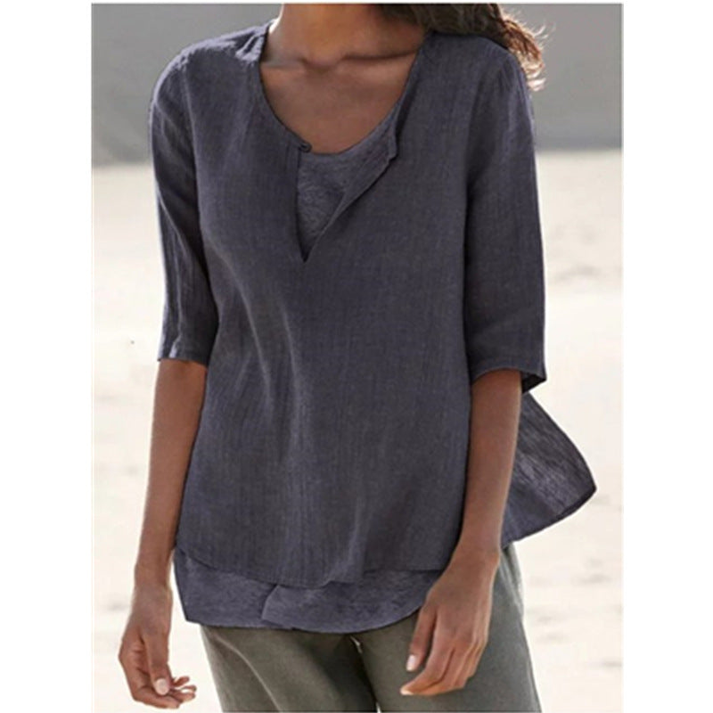 New Autumn And Winter V-Neck Solid Color Cotton Linen Large Size Sleeve Women's Shirt